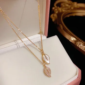 אופנה חדשה 14K זהב מצופה חצי שכבה כפולה עלים השרשרת עבור נשים בנות יוקרה זירקון תליון קולר שרשרת תכשיטי מתנה