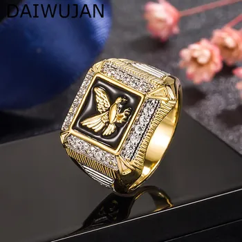 מתכת מבריק גברים הטבעת של פאנק Hiphop מצופה זהב זירקון נשר חותם מרובע טבעת אצבע לגברים, תכשיטים, אבזרים הסיטוניים