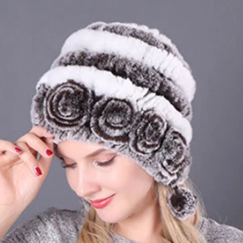 רקס פרווה ארנב כובע שלג, כובע כובעי חורף לנשים בנות פרווה אמיתית סריגה Skullies כובעים טבעי ורך כובע 2023 