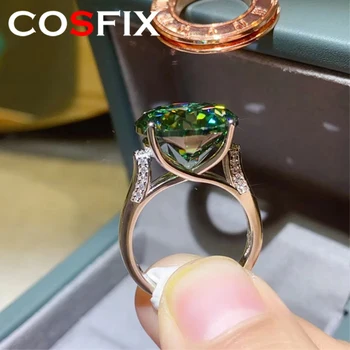 COSFIX אמיתי 14mm 10 קראט ירוק Moissanite טבעות לנשים 100% S925 כסף סטרלינג צלחת Pt950 להקה בסדר תכשיטים הסיטוניים