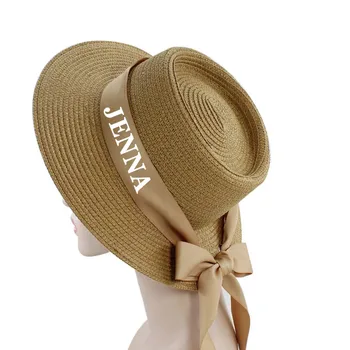 אישית חוף כובע שמש פדורה אישית קש בפנמה ראשי התיבות מותאם אישית סרט קשת חג רווקות מסיבת חתונה כלה מתנה כובע