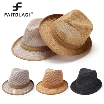 גברים אופנה כובע קש קיץ אופנתי חוף השמש הקסדות שיק ארוגים ביד קאובוי כובע צבע מוצק זכר Fedoras הגנגסטר ג ' אז כמוסות
