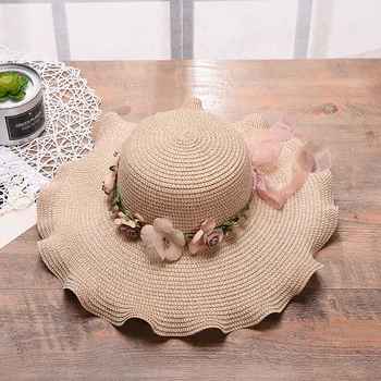 נשים האופנה הקיץ החדש של הנשים כובע השמש דלי כובע תחרה בצבע בז ' Bowknot פרחים סרט שטוח העליון כובע קש החוף כובעי פנמה מתנה