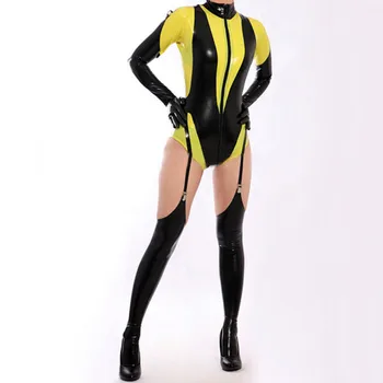 100% גומי לטקס גומי Ganzanzug שחור-צהוב בגד גוף Catsuit מערער גרביים החליפה XXS-XXL