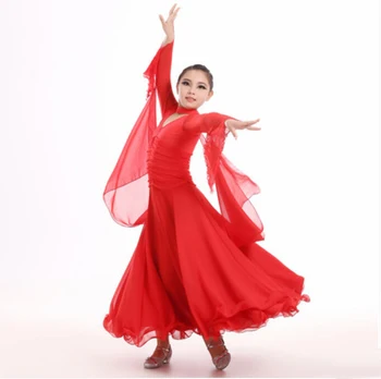 אדום/לבן/שחור ארוך חצאיות טוטו שמלת ריקוד לנערות הילד לתחרות ריקודים סלוניים, שמלות חלוק Latine ואלס/מודרני תחפושת