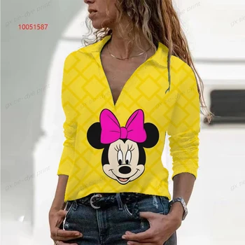 נשים 2022 באביב ובסתיו החדש של אופנה וינטג ' מודפס V-צוואר שרוול ארוך חולצת דיסני מיקי מאוס מזדמן רך פולו העליון