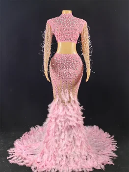 נוצץ כסף ריינסטון מראה אלסטי בד שמלה ארוכה נשים יום הולדת הבמה לשחק לחגוג שמלת רקדנית מסיבת תראה השמלה