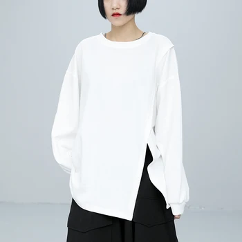 נשים חולצת טריקו שרוול ארוך 2023 קוריאנית רפוי, דק הסוודר של נשים בינוני וארוך גדול קצוות מפוצלים העליון