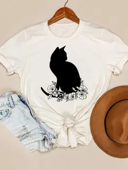 חתול פרחוני בסגנון מגמה חמודה נשים שרוול קצר להדפיס חולצת טי גרפי חולצות טריקו אופנה העליון אביב קיץ הדפסה בגדים