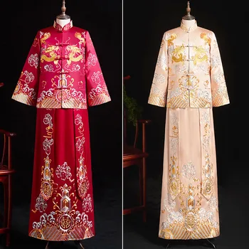 FZSLCYIYI אדום חתן וינטג 'חופשי Cheongsam הסינית המסורתית החתונה שמלת סאטן צ' יפאו רקמה תחפושת הדרקון Vestidos
