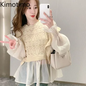 Kimotimo שיק חדש משולבים פרע Knittted סוודר נשים 2023 סתיו חלול עיצוב מתוק סוודר אופנה קוריאנית שרוול ארוך העליון