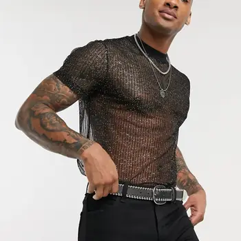 רשת T-חולצה סקסי Mens חולצה עם שרוולים קצרים רואה דרך החולצה T צוואר עגול חולצת פסים אדם חזק בראש קל משקל לנשימה