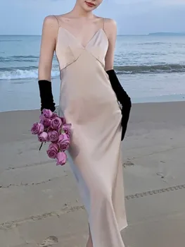 בציר סקסי ללא משענת סאטן שמלת הקיץ נשים ספגטי רצועה V-צוואר אלגנטי Bodycon שמלות ערב חג החוף Vestidos
