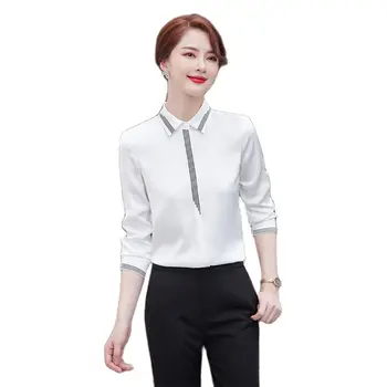 נשים חולצות וחולצות 2021 הנשי החולצה העליון שרוול ארוך מזדמנים לבן Turn-למטה צווארון OL סגנון נשים חולצות S-5XL