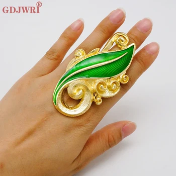 אופנה Resizable גדול קריסטל ירוק סדיר הטבעת עבור נשים אפרו תכשיטים אתיופי צבע זהב גדול נחושת מוגזם הטבעת