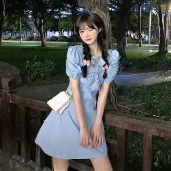 קיץ כחול שמלת מיני לנשים ילדה קוריאנית אופנה מסיבת בגדים קצרים העשרה Kawaii חמוד רזה בגדים