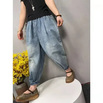 2021 דייר חדש האביב בסגנון קוריאני של נשים משוחרר אלסטי המותניים קרסול-אורך מכנסיים מזדמנים כותנה הרמון סרבל מכנסיים ג ' ינס W351