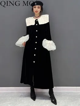 צ ' ינג מו 2023 אביב סתיו חדש אופנה קוריאנית לבן צווארון פיטר פן Pleuche שחורה ארוכה שמלה לנשים ZXF912