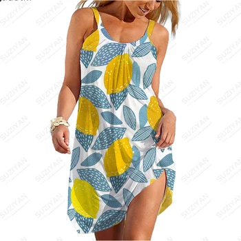 2023 אופנה חדשה קיץ נשים השמלה של פירות לימון 3D מודפס שמלת החוף מזדמנים רצועת U הצוואר וחולצת הוואי קו-שמלה