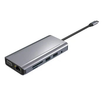 HFES 11-In-1 USB C רב-נמל מתאם עם RJ45 4K HDMI-VGA תואם 4 USB2.0 PD3.0 אודיו 3.5 מ 