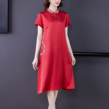 2023 אדום חדש רקמת משי טבעי Cheongsam שמלת נשים קוריאני משובח מזדמן Midi שמלה-קיץ אלגנטי Bodycon שמלת מסיבת