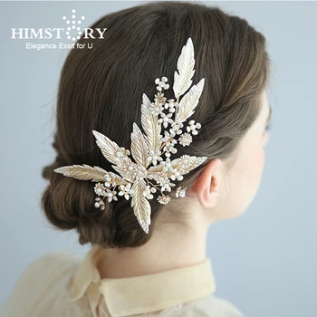 Himstory פנינה קריסטל קליפ שיער הכלה החתונה אביזרים לשיער בעבודת יד עלים בגימור אביזרי שיער לכלות ראש