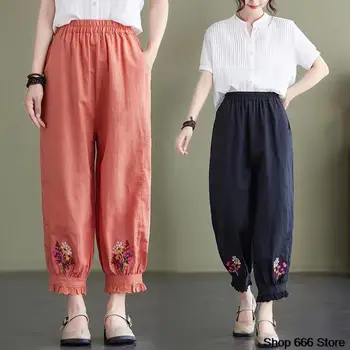 אביב קיץ פנס נשים מכנסיים רופפים דק מזדמן המותניים מתכווננת בסגנון סיני כותנה, פשתן, רקמה הארון מכנסיים קצוצים