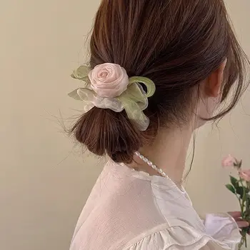 רשת אביזרי שיער שיער להקת שיער של נשים טבעת בסגנון קוריאני שיער החבל מחזיק בקוקיות רוז פרח שיער הגומיות