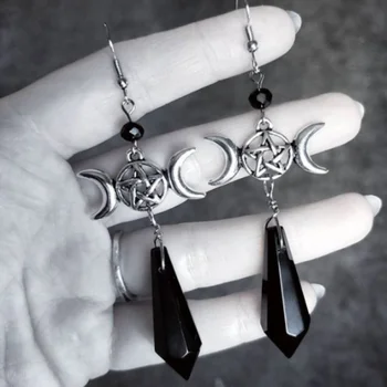 זוג משולש אלת הירח שחור זכוכית קריסטל Drop עגילים הנסתר פגאני תליון תכשיטים מתנה לנשים