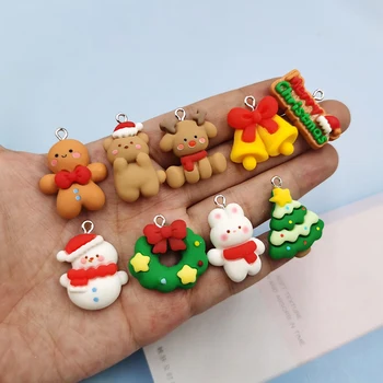  10Pcs חג המולד קסמי Kawaii שרף צבי שלג עץ בל תליון קמע עגיל צמיד, מחזיק מפתחות Diy התכשיטים C1090
