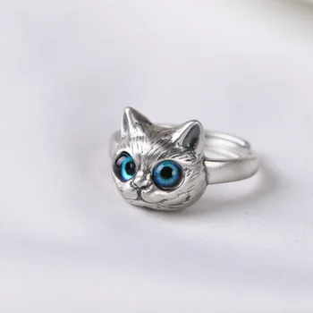 אופנה כחול עיניים חתול הטבעת לנשים רטרו קריקטורה חמוד הכלב הקטן פתח את האצבע טבעת גותיות תכשיטים אביזרים מתנה